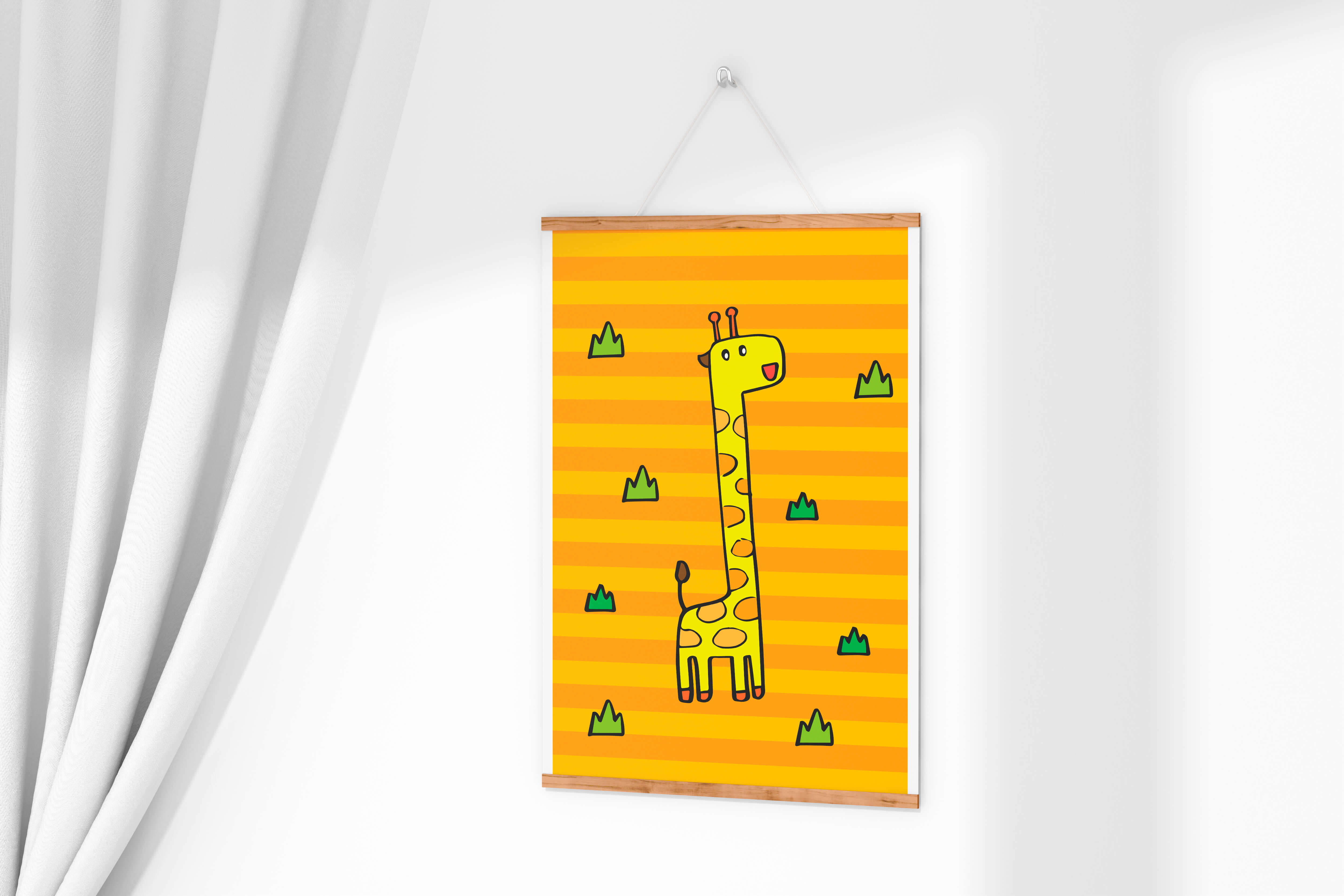Bright cartoon giraffe illustration on a striped background