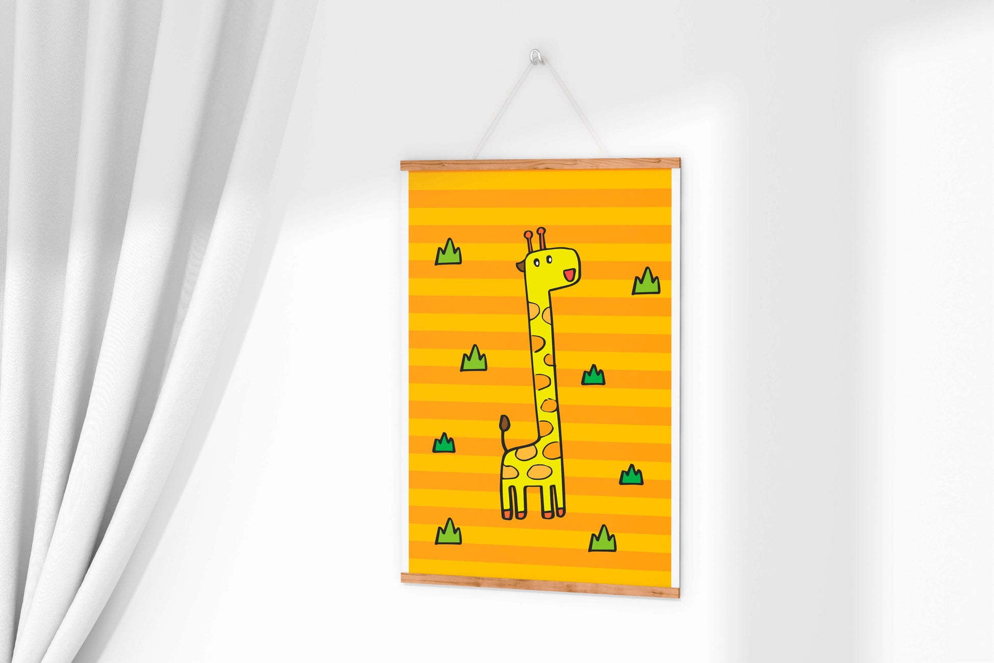 Bright cartoon giraffe illustration on a striped background