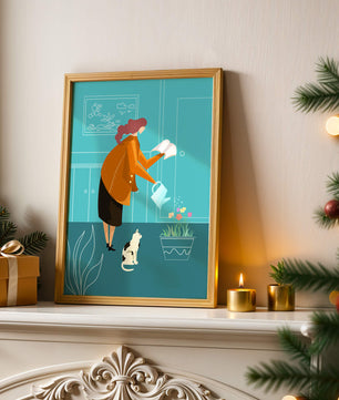 Mujer regando flores con un gato en un interior moderno