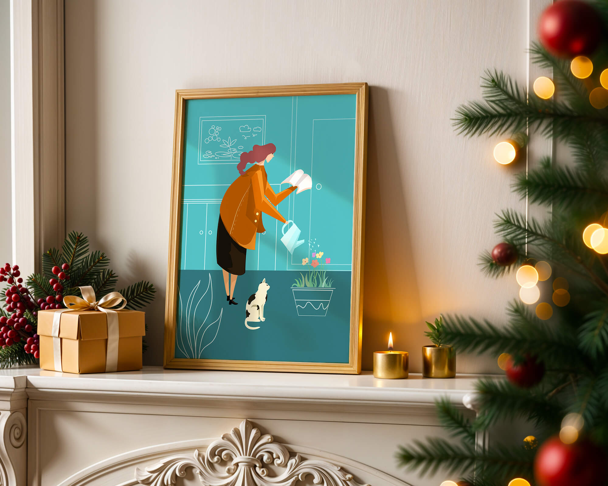 Mujer regando flores con un gato en un interior moderno