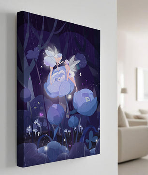 La forêt enchantée avec des fées et des fleurs lumineuses la nuit