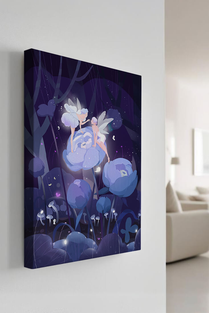 La forêt enchantée avec des fées et des fleurs lumineuses la nuit