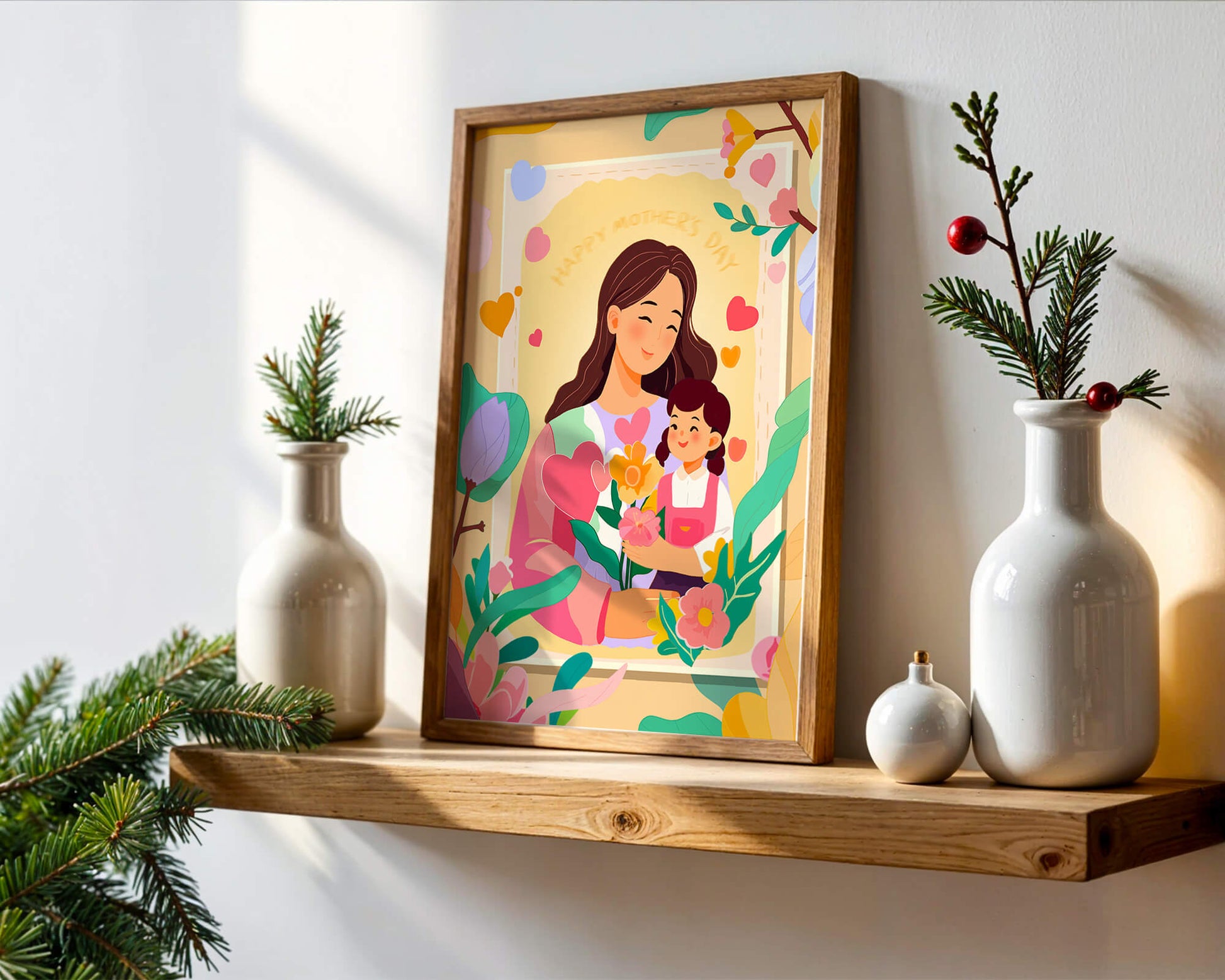 Illustration of mother and daughter with flowers for Mother's Day