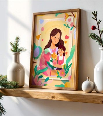 Illustration of mother and daughter with flowers for Mother's Day