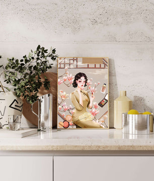 Elegant illustration of a woman with makeup and magnolia flowers