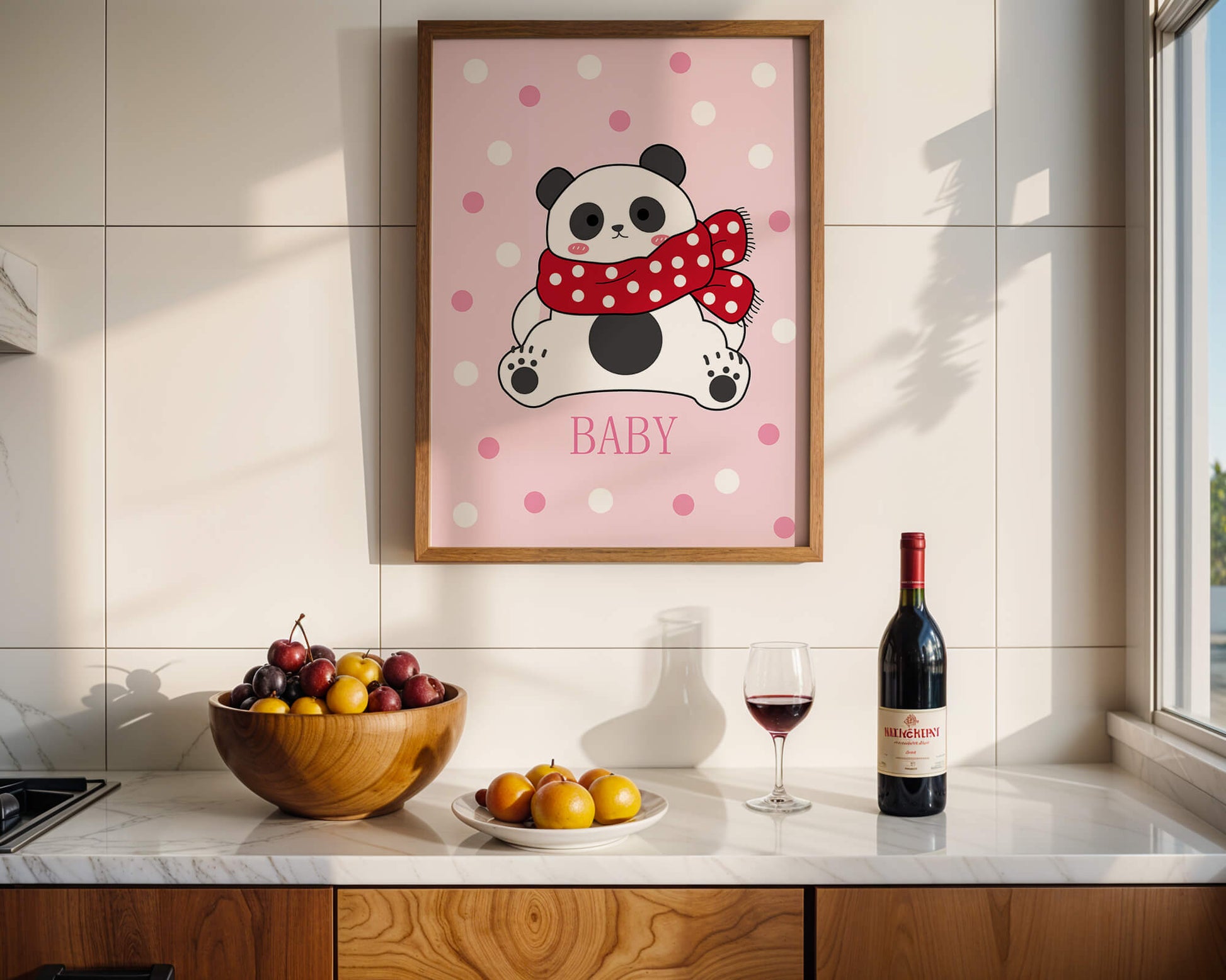 Cartoon panda with red scarf on pink polka dot background