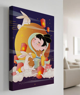 Illustration de déesse de la lune avec des lapins et des lanternes sur fond de mi-automne