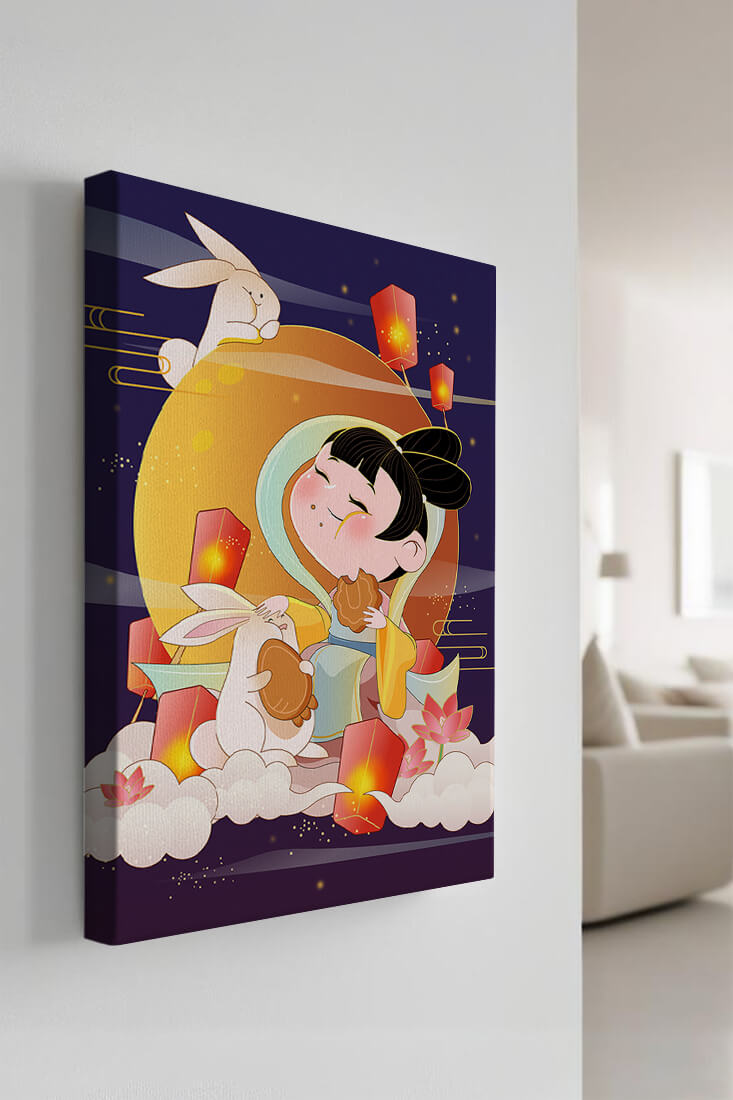 Illustration de déesse de la lune avec des lapins et des lanternes sur fond de mi-automne