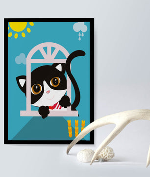 Charming black and white cat peeking through window under bright sun