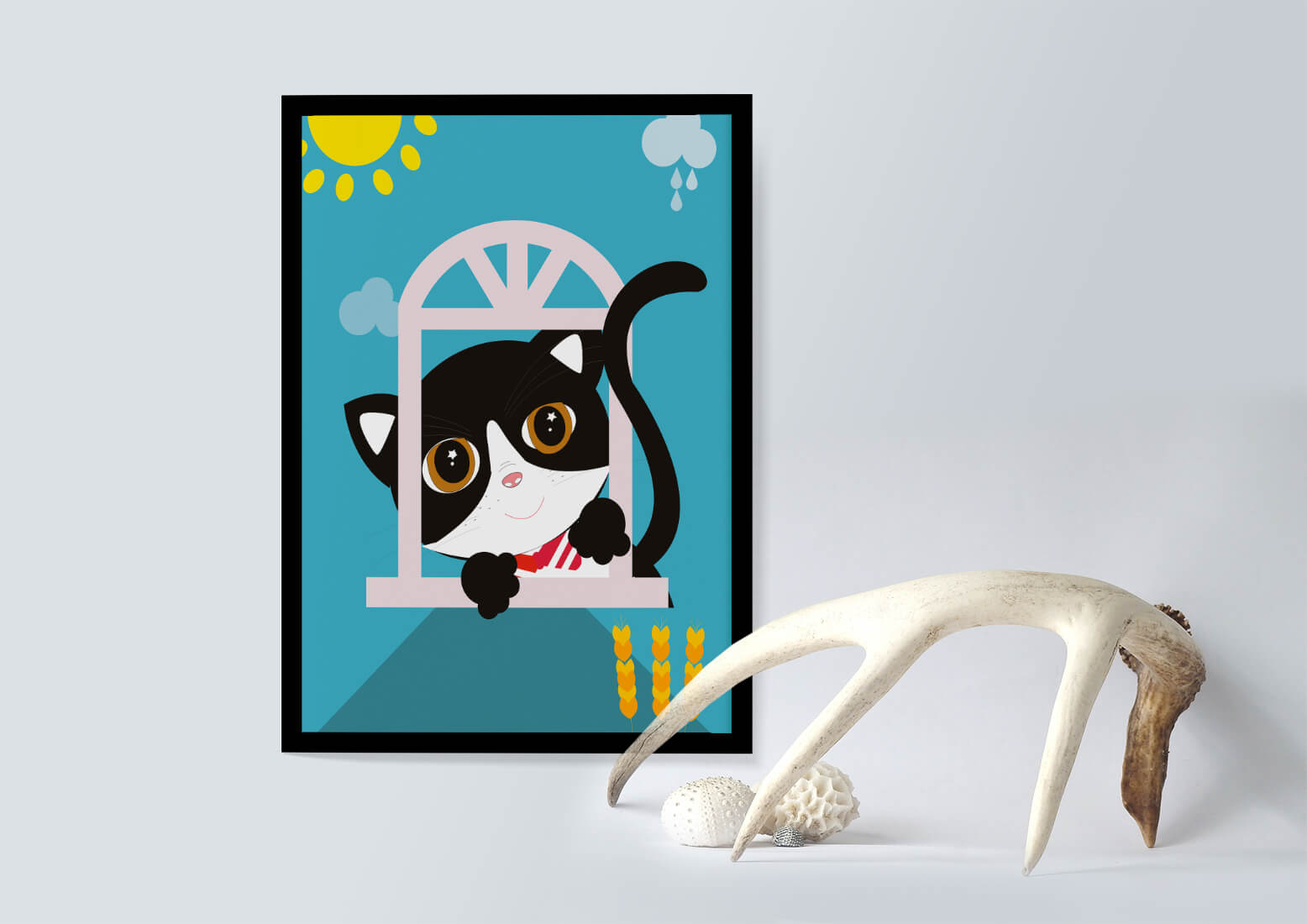 Un encantador gato blanco y negro se asoma por la ventana bajo el sol brillante.