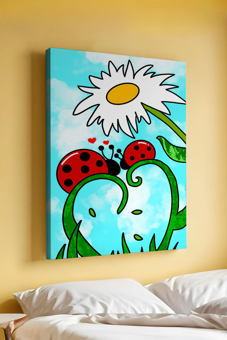 Ladybugs in love beneath a daisy on a bright sky
