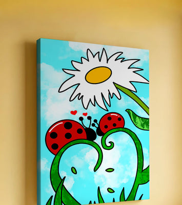 Ladybugs in love beneath a daisy on a bright sky