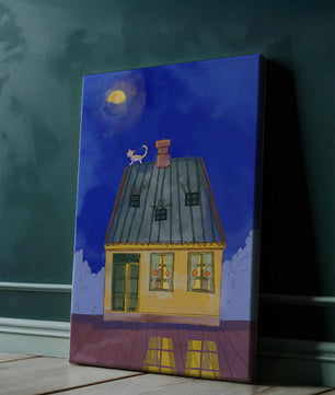 Charmantes nächtliches Haus mit einer Katze auf dem Dach unter dem Mond 