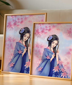 Ilustración elegante de una geisha con kimono azul y hojas rosadas