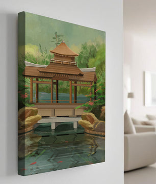 Traditional Japanese Garden Pavilion with Scenic Pond and Lush Greenery