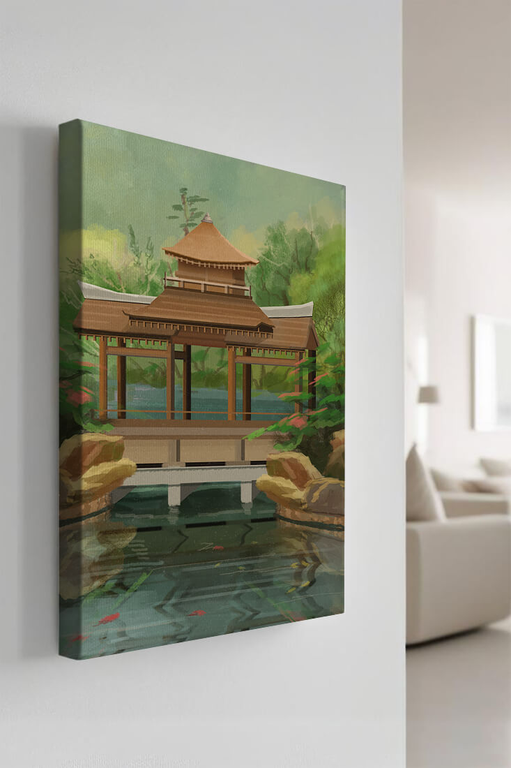 Traditional Japanese Garden Pavilion with Scenic Pond and Lush Greenery