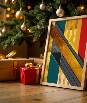 Abstract geometric design with gold accents and vibrant colors