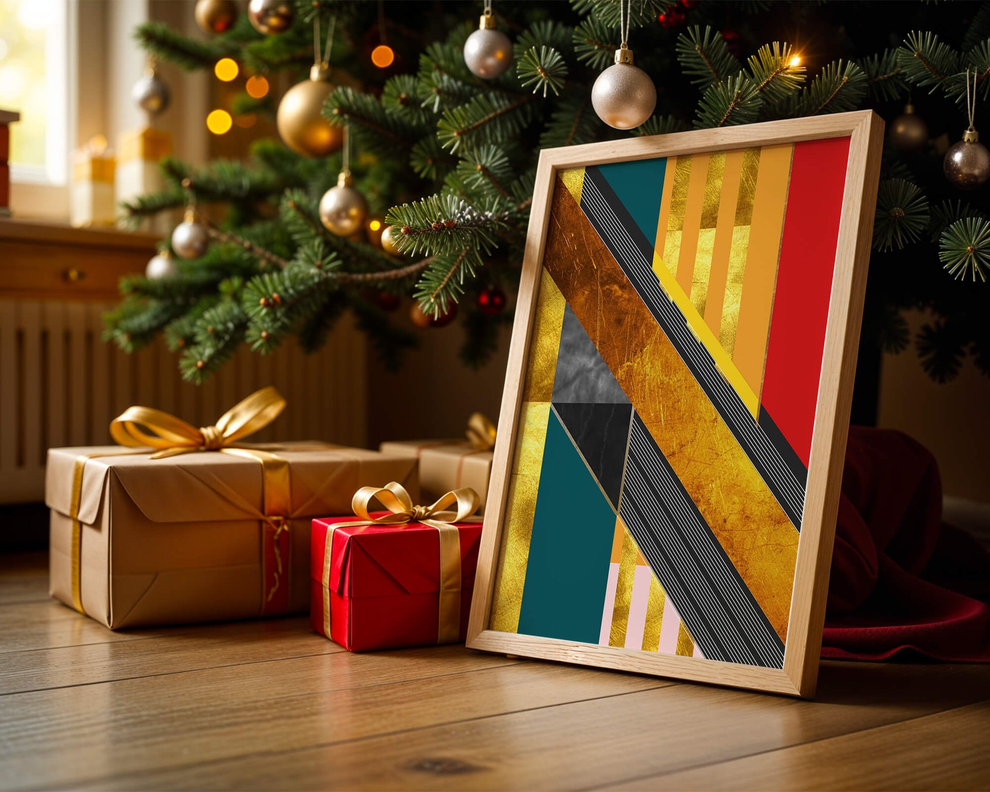 Abstract geometric design with gold accents and vibrant colors
