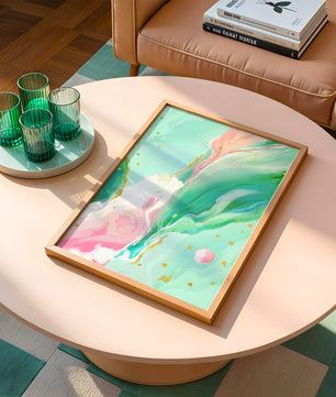Obra de arte abstracta en pasteles y dorado con patrones fluidos