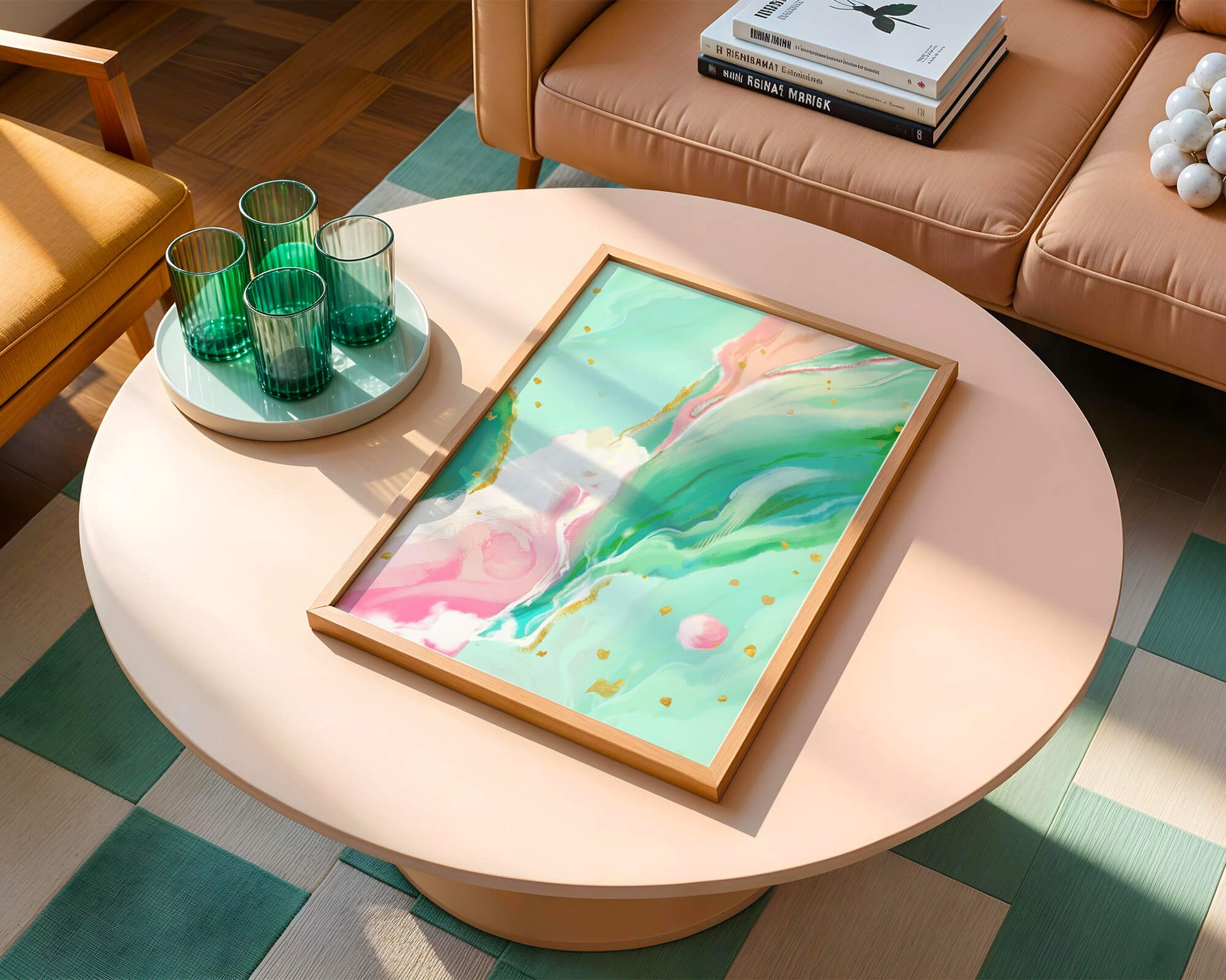 Obra de arte abstracta en pasteles y dorado con patrones fluidos