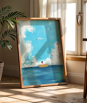 Peaceful seascape illustration with a boat and birds