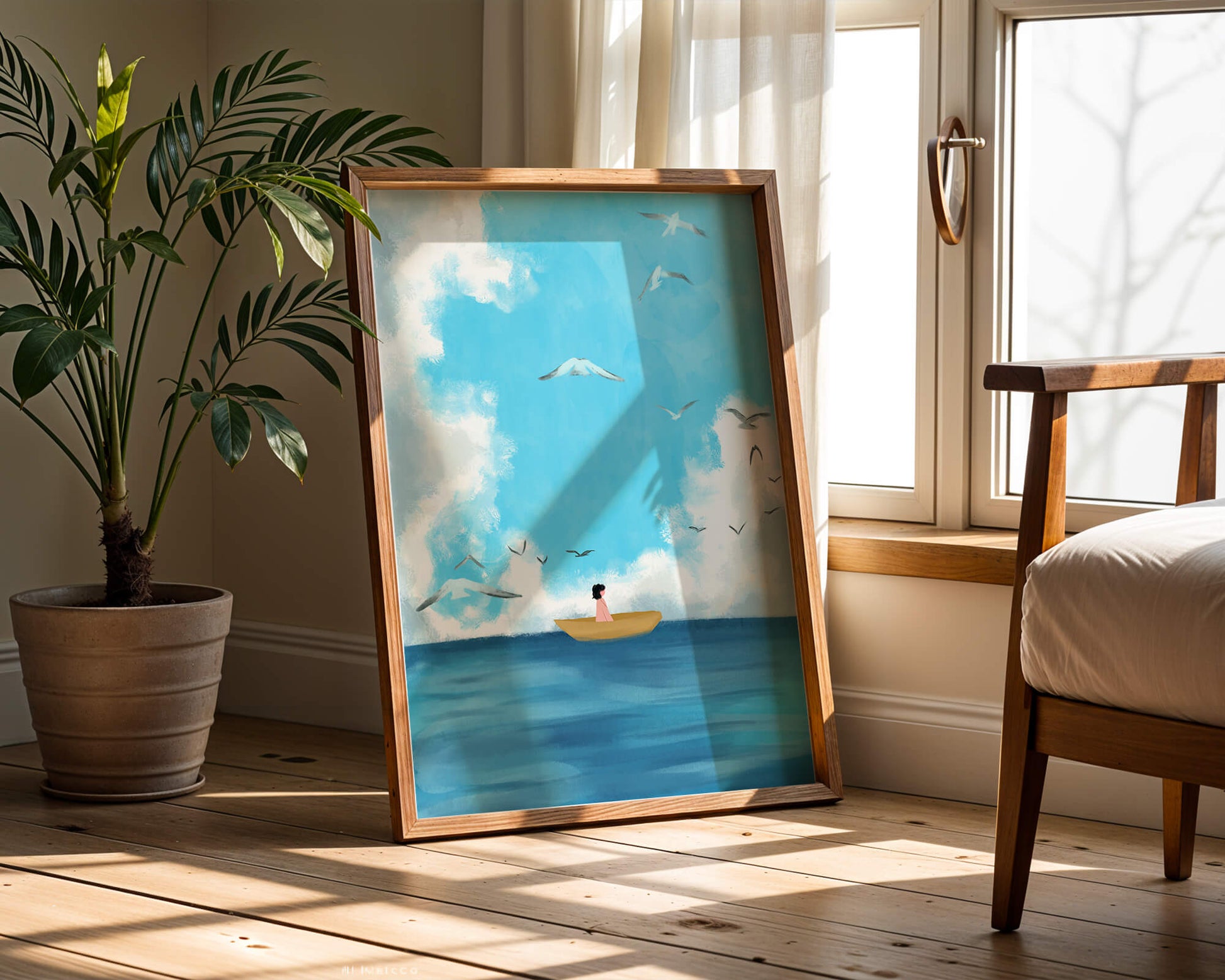 Peaceful seascape illustration with a boat and birds