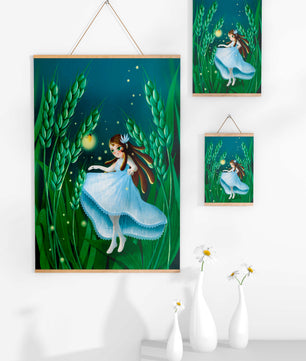 Enchanting fairy in magical wheat field at night