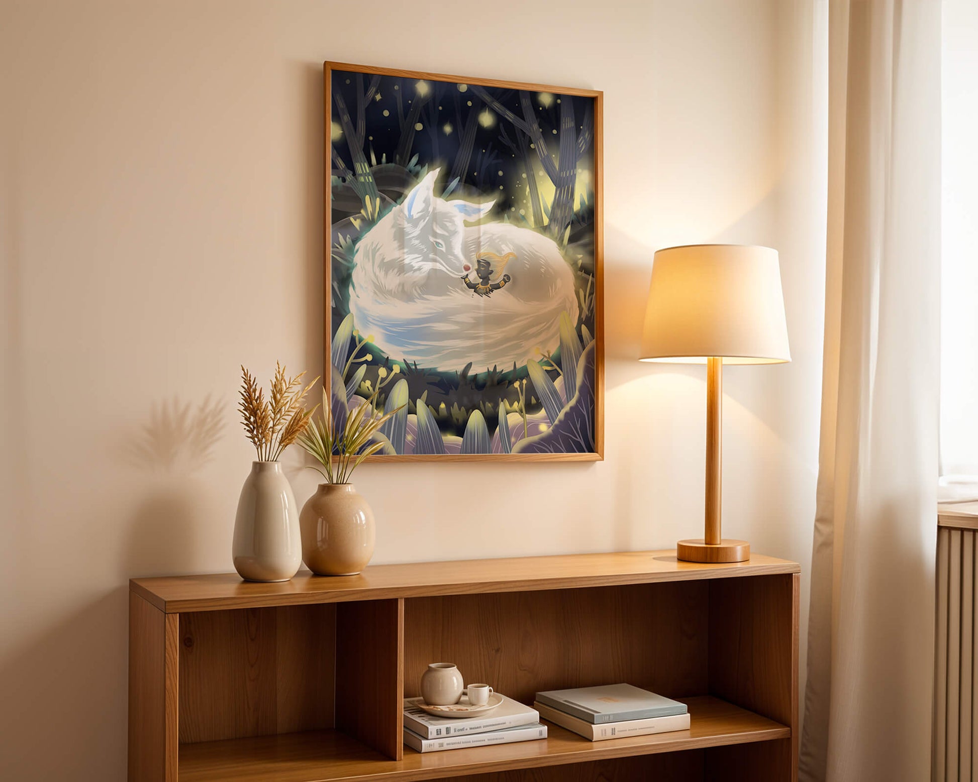 Whimsical forest scene with a sleeping wolf and a mysterious figure at night
