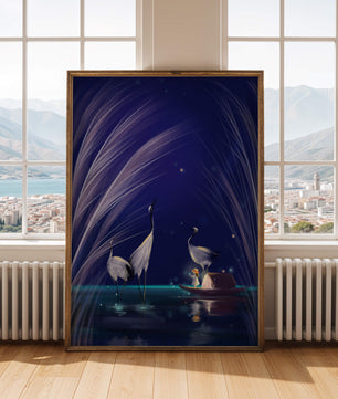 Serene night scene with graceful cranes and a magical boat ride