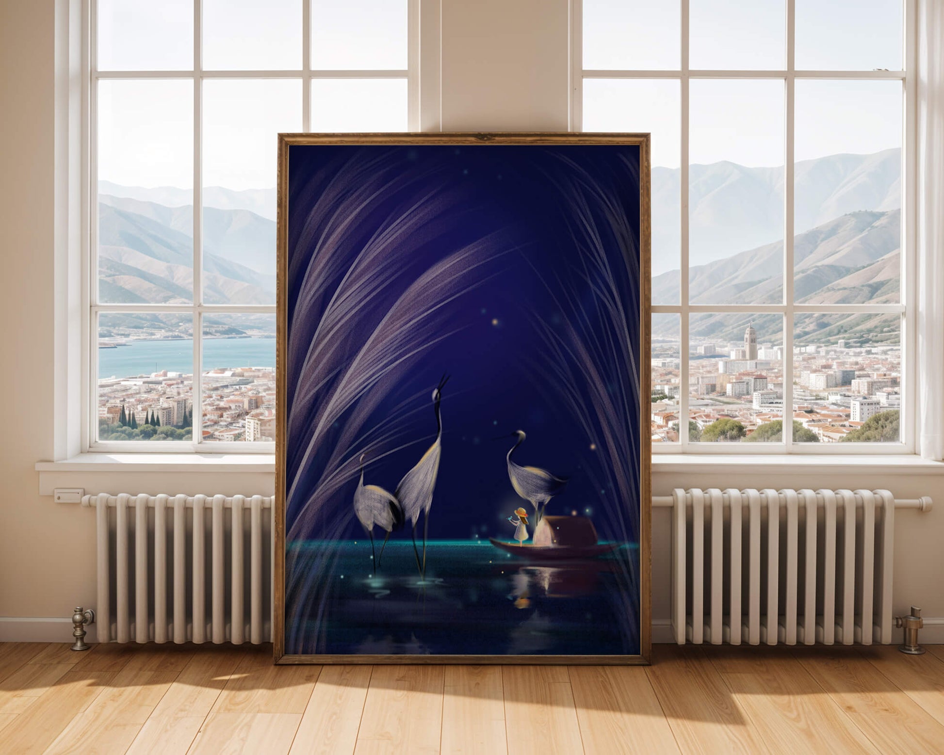 Serene night scene with graceful cranes and a magical boat ride