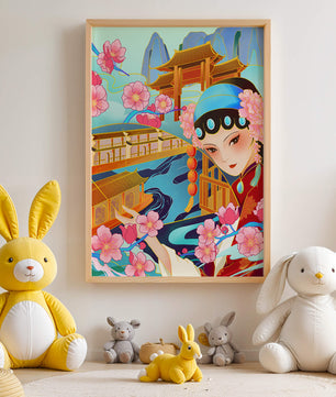 Traditional Asian art with cherry blossoms and architecture
