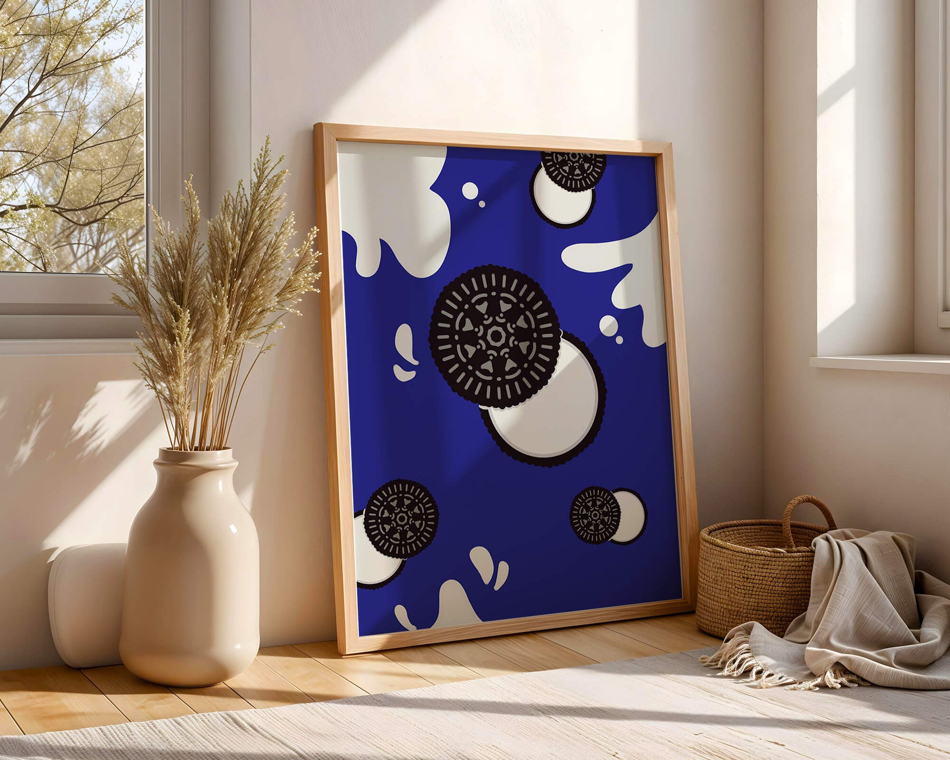 Graphic design featuring cookies and milk splashes on blue background