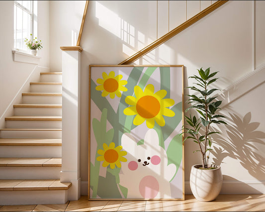 Adorable bunny with vibrant flowers cartoon illustration