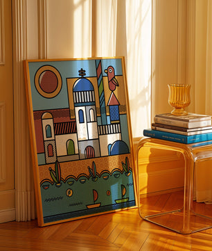 Bunte geometrische Küstendorf-Illustration mit Vögeln und Booten