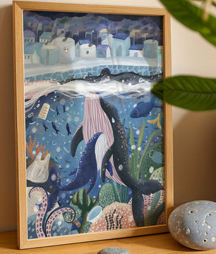 Ville sous-marine fantaisiste avec vie marine et pollution