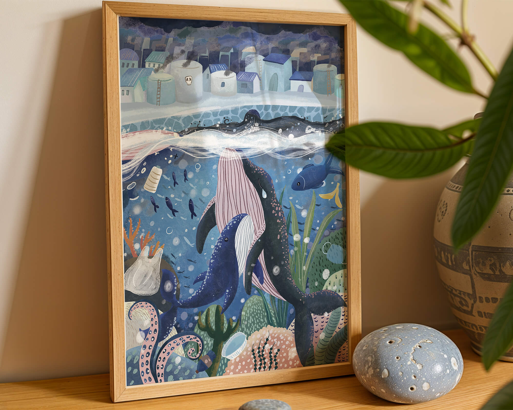 Whimsical Underwater City with Marine Life and Pollution