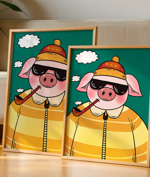 Cerdo elegante con gafas de sol y pipa contra un cielo turquesa