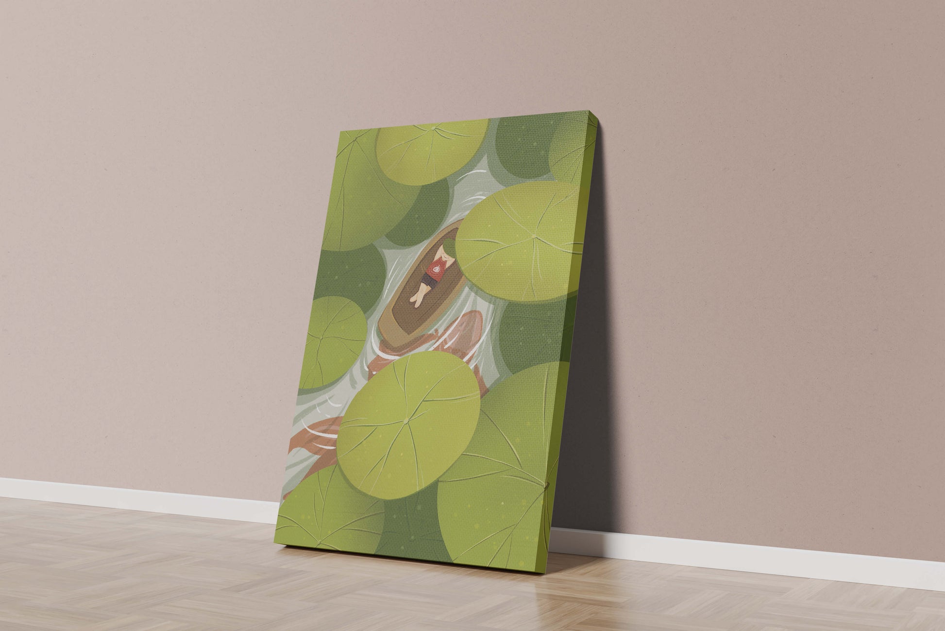 Person in boat among lush green lily pads