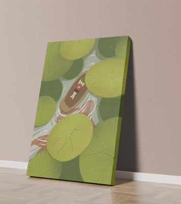 Person in boat among lush green lily pads