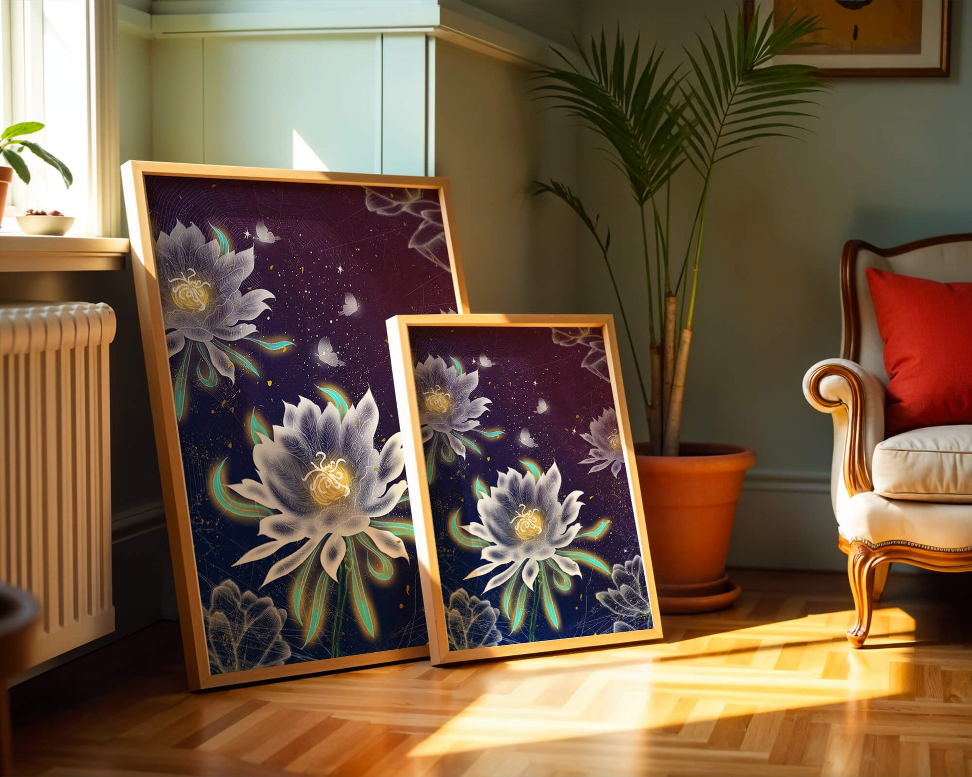 Floral Fantasy with Glowing Elements and Butterflies in Night Sky