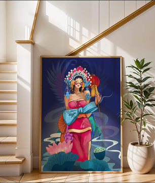 Colorful illustration of a woman in traditional attire with floral headdress