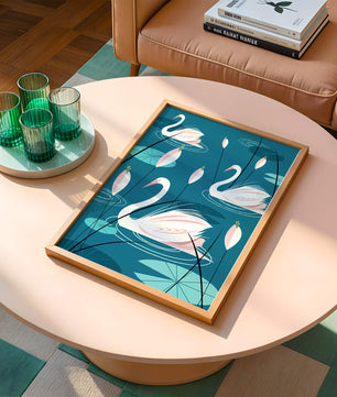 Serene illustration of swans gracefully gliding on a pond with lily pads