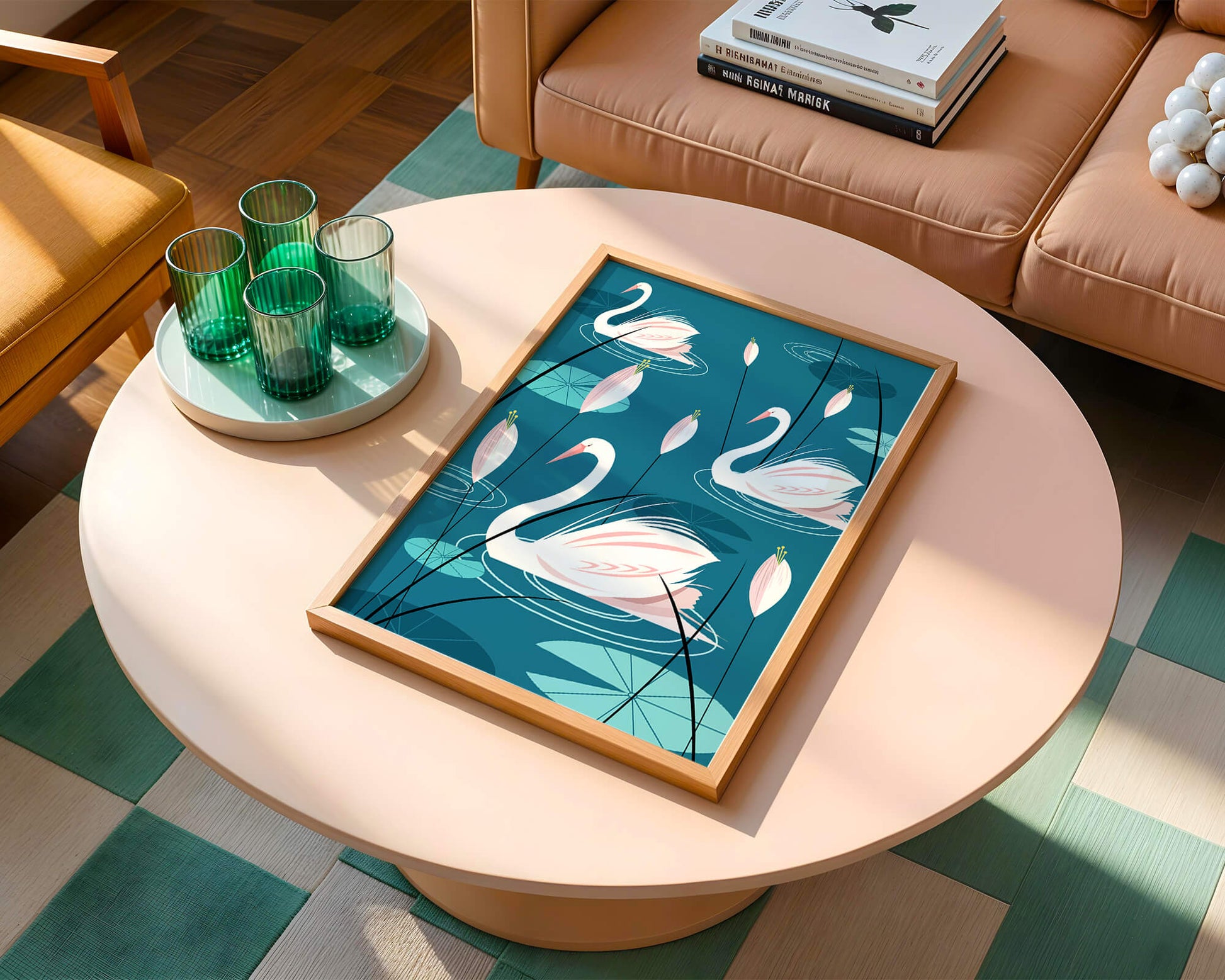 Serene illustration of swans gracefully gliding on a pond with lily pads