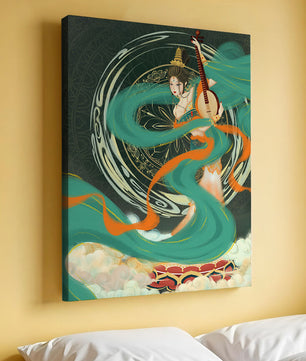 Elegant depiction of traditional musical culture with vibrant flowing ribbons and intricate patterns