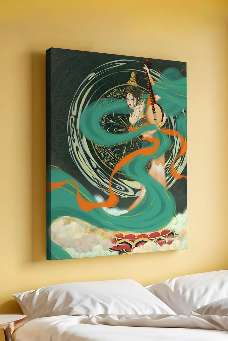 Elegant depiction of traditional musical culture with vibrant flowing ribbons and intricate patterns