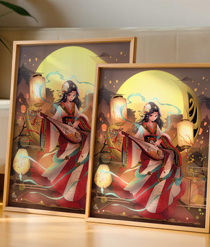 Traditional Asian woman playing musical instrument under moonlight