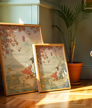 Traditional Chinese painting with autumn scenery and lady sipping tea