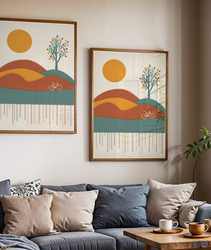 Abstract landscape with bicycle and tree in vibrant colors