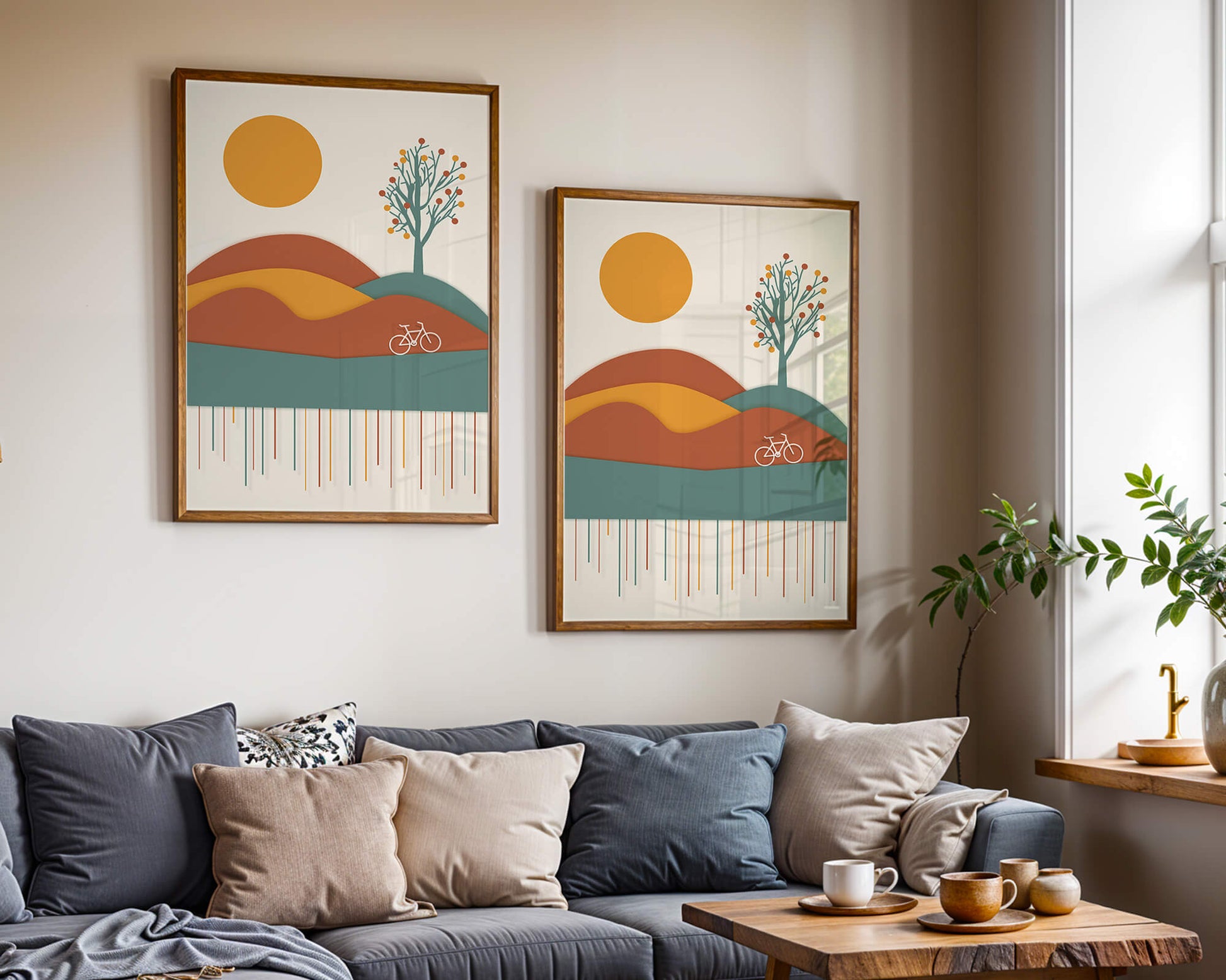 Abstract landscape with bicycle and tree in vibrant colors