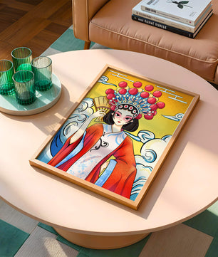 Eine elegante Darstellung asiatischer Kunst mit traditioneller Kleidung und kunstvollem Kopfschmuck